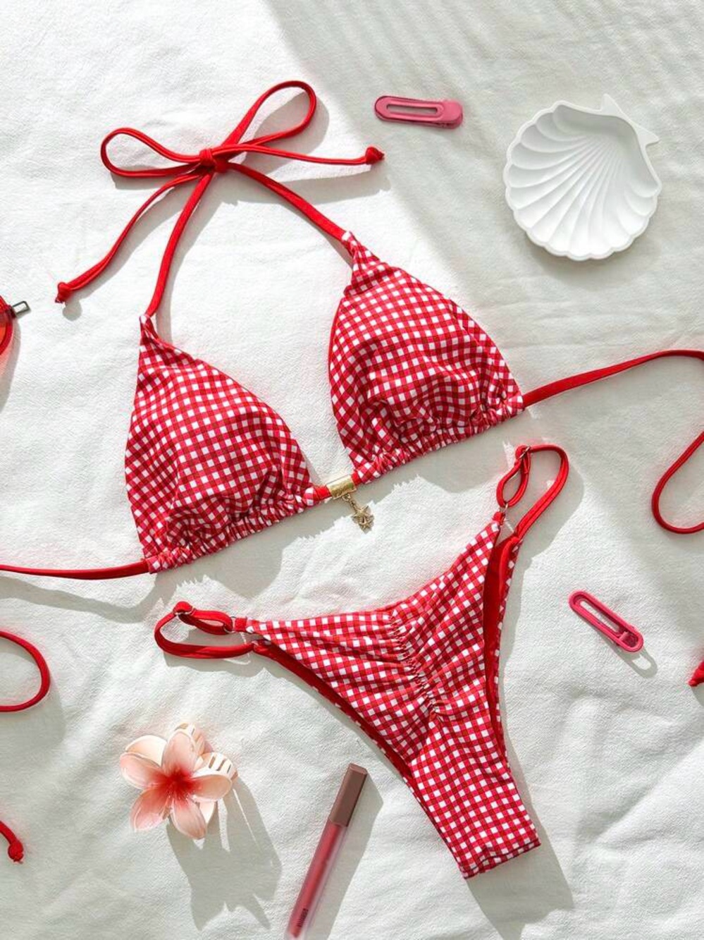 Red Gingham Triangle Bikini Top & Bottom Set - Classic Summer Swimwear